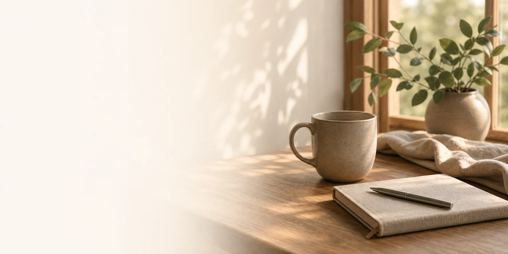 A quiet morning table with a mug, notebook, and warm window light