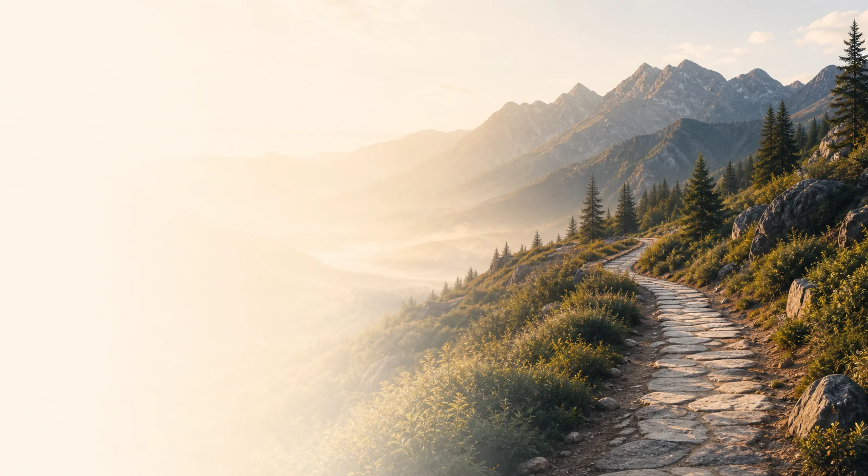 A quiet mountain path in warm morning light